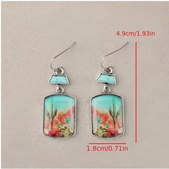 Southwest Style Dangle Earrings with Cactus Desert Scene - Picture 2 of 2